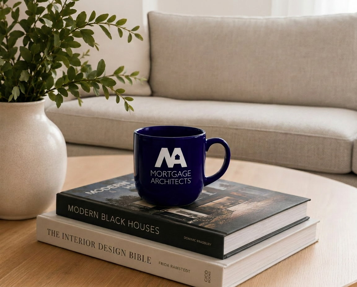 Mortgage Architects branded mug on coffee table with design books